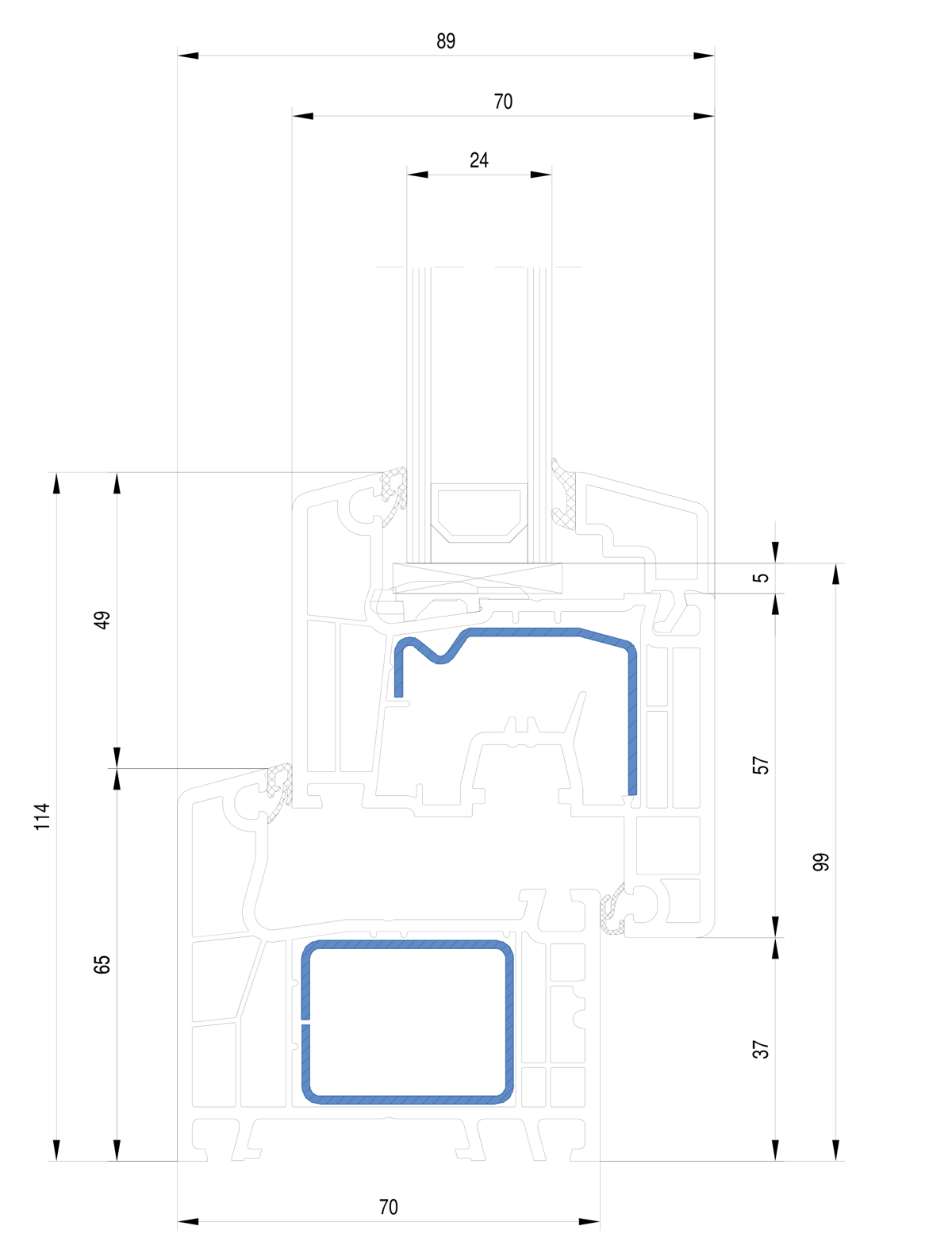 aluplast IDEAL 4000 window frame and sash cut in half, steel reinforcement highlighted in blue