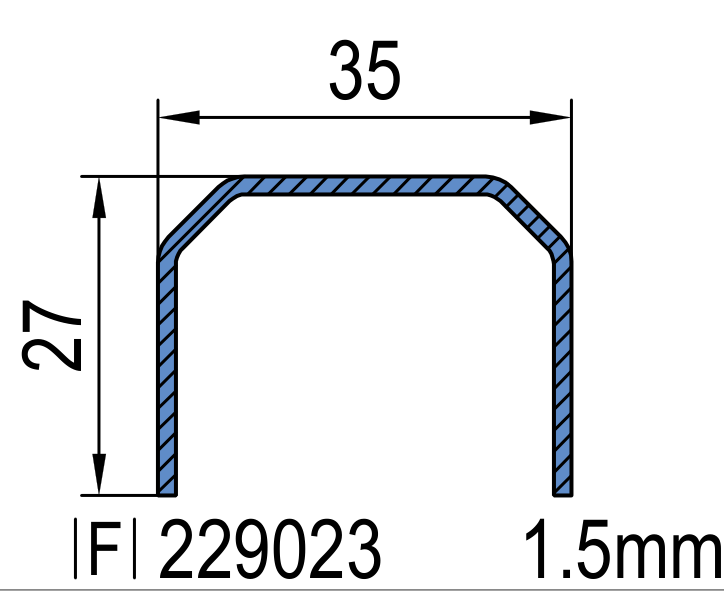 aluplast steel reinforcement 229023, a 35 by 27 mm U-channel with a 1.5 mm wall